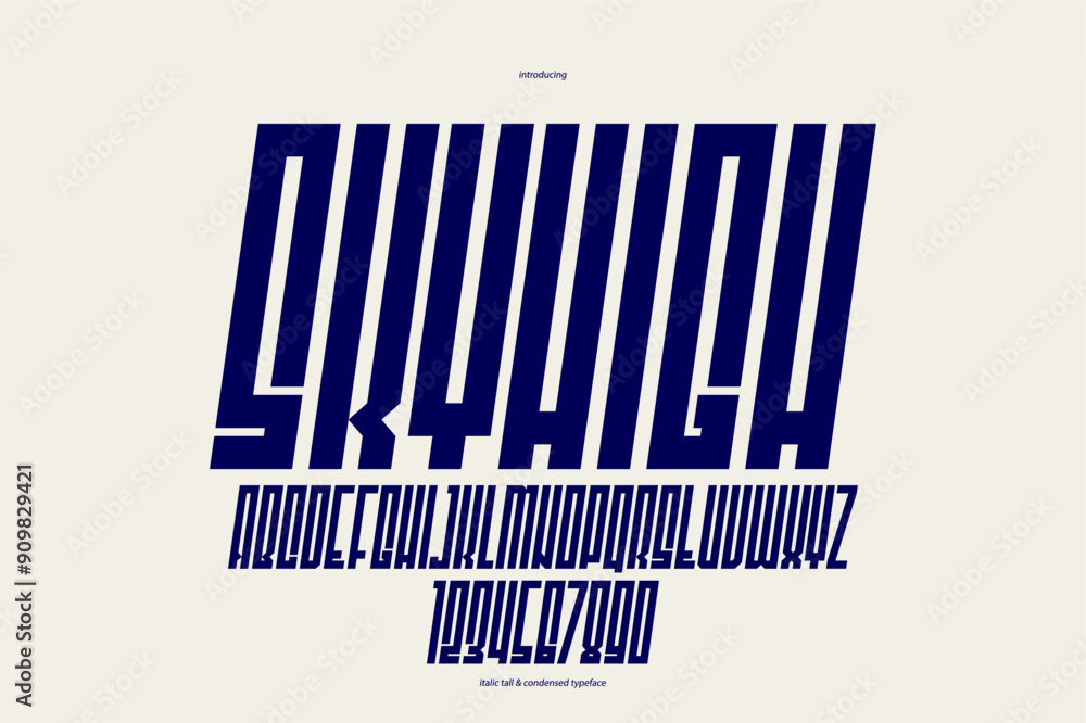 Bold and massive italic heavy geometric font for logo creation, modern geometrical vector display typeface, typography with only corners and straight lines geometry, tall and condensed version. Bold and massive italic heavy geometric font for logo creation, modern geometrical vector display typeface, typography with only corners and straight lines geometry, tall and condensed version.