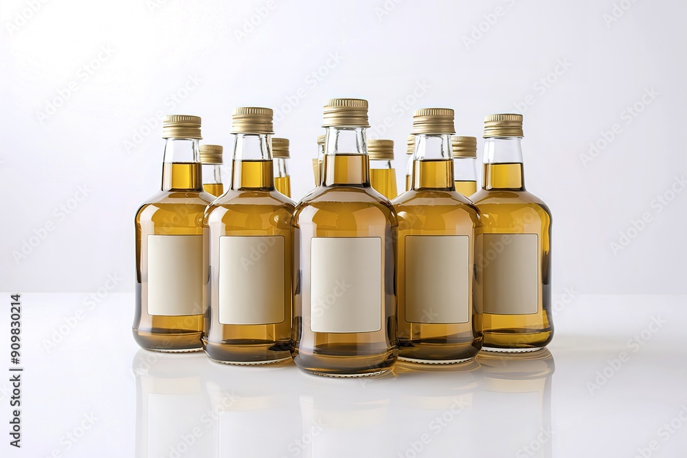 A pristine, high-quality photograph of a set of sunflower oil bottles A pristine, high-quality photograph of a set of sunflower oil bottles