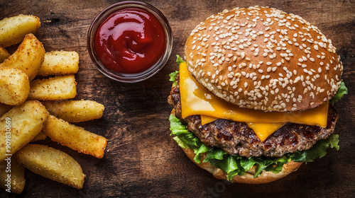 Hamburger on a black stone plate with tomatoes arround, cheesburger with cheese, lettuce, tomato, onions, pickles, and condiments like ketchup and mustard photo