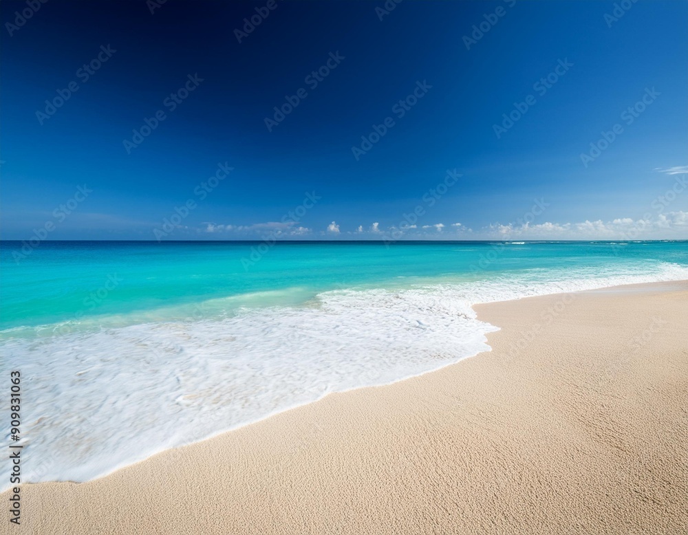 Tropical Paradise: A serene landscape of pristine white sand beach meets the turquoise waters of a tropical ocean, under a clear blue sky. The gentle waves lap softly at the shore, creating a sense of Tropical Paradise: A serene landscape of pristine white sand beach meets the turquoise waters of a tropical ocean, under a clear blue sky. The gentle waves lap softly at the shore, creating a sense of