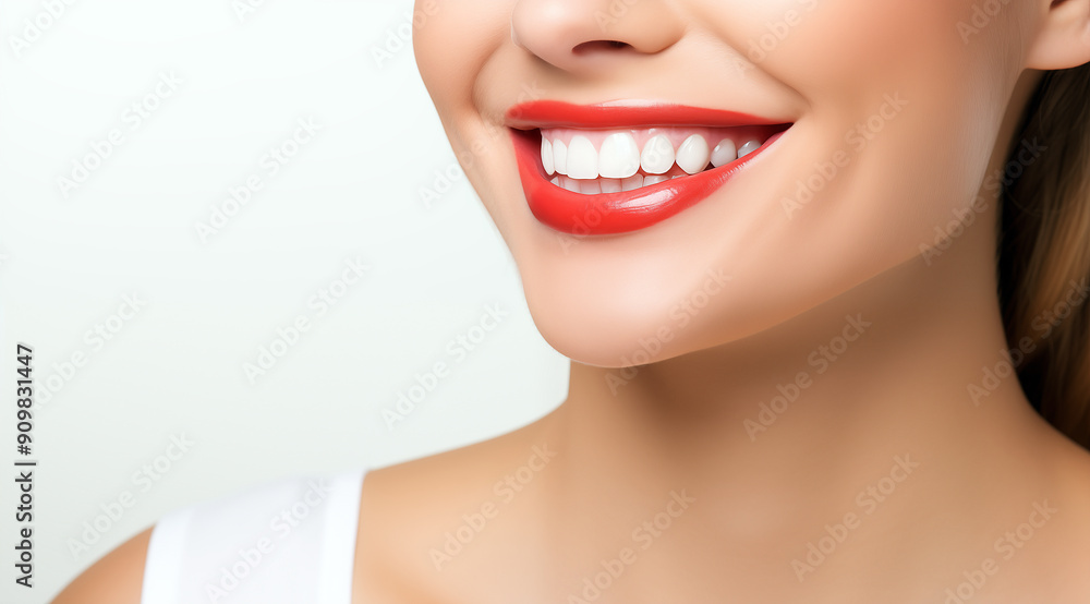 Gros plan du visage d'une belle femme souriante avec un rouge à lèvres rouge sur fond blanc. Gros plan du visage d'une belle femme souriante avec un rouge à lèvres rouge sur fond blanc.