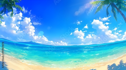 Summer Beach Japanese Anime Style Fish Eye Effect Poster Wallpaper