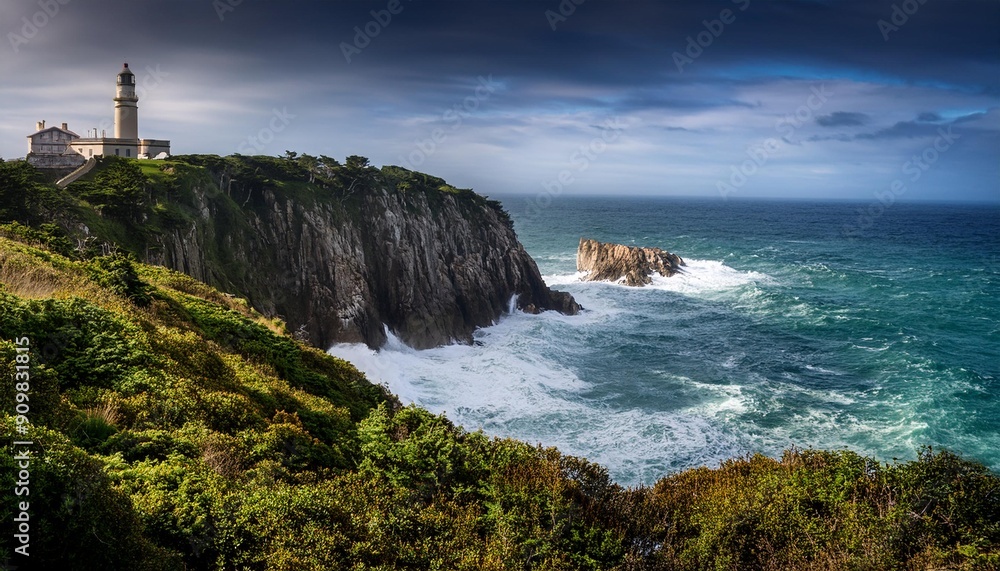 Obraz premium Lighthouse on Clifftop: Dramatic seascape with a majestic lighthouse standing tall against a stormy sky, capturing the raw beauty of nature's power.