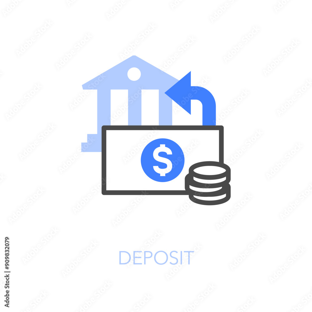 Simple visualised deposit icon symbol with transferring banknotes to a bank. Simple visualised deposit icon symbol with transferring banknotes to a bank.