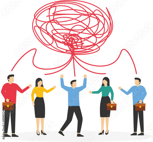 Scandal, nerves, breakdown. Business team coworker discussing work in meeting with speech bubbles. Discussion high stress conditions and under hard businessman pressure. Vector illustration.