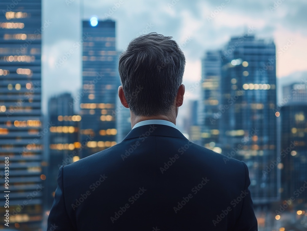 A person in a suit standing at the edge of a city, looking out at the urban landscape A person in a suit standing at the edge of a city, looking out at the urban landscape