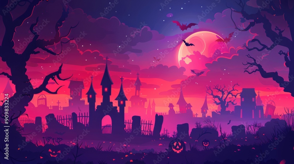 Halloween background in purple and pink gradient with haunted castle, jack-o-lantern pumpkins and bats flying over the fullmoon. Flat vector illustration of haunted cemetery during the spooky season. Halloween background in purple and pink gradient with haunted castle, jack-o-lantern pumpkins and bats flying over the fullmoon. Flat vector illustration of haunted cemetery during the spooky season.