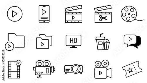 Icon set containing 15 editable stroke Film, movie, video, tv, cinema hall. Vector illustrations.