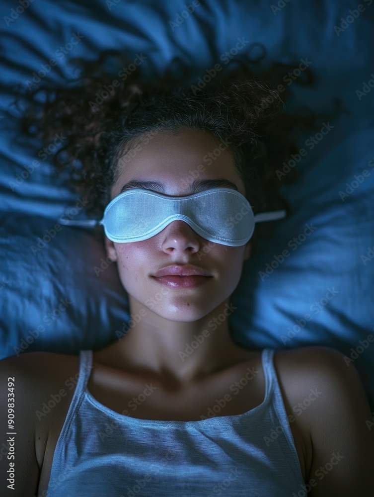 A person resting with an eye mask on, possibly due to discomfort or relaxation A person resting with an eye mask on, possibly due to discomfort or relaxation