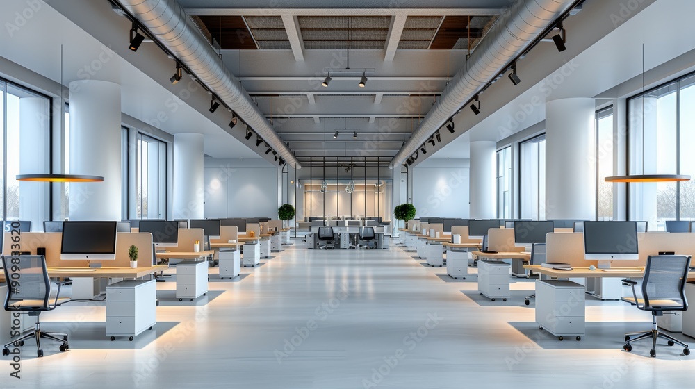 Modern Open Office Space With Desks, Computers, and Natural Light During Daytime Modern Open Office Space With Desks, Computers, and Natural Light During Daytime