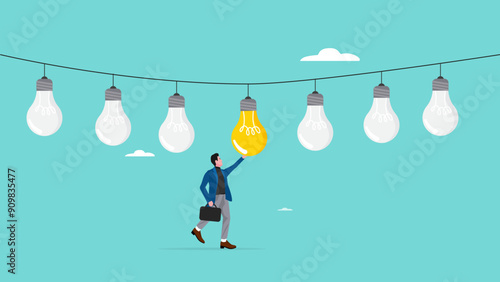 different ideas or strategies to achieve success, success in finding profitable business opportunities, Smart businessman chooses a light bulb that is on from several that are off