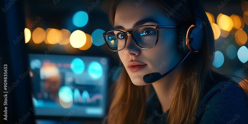 A close-up of an Asian woman wearing glasses and using her headset for customer service, with blurred office lights in the background. A close-up of an Asian woman wearing glasses and using her headset for customer service, with blurred office lights in the background.