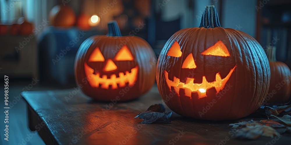 Eerie Carved Halloween Pumpkins with Glowing Faces Eerie Carved Halloween Pumpkins with Glowing Faces