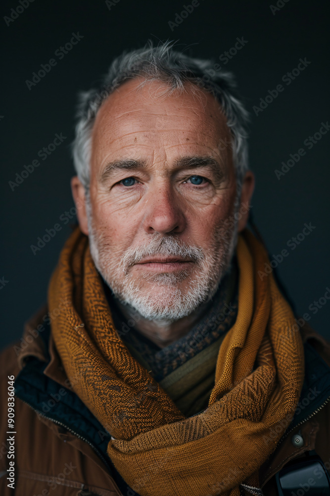 Obraz premium Passport-style portrait photo of an older white man with grey hair and blue eyes