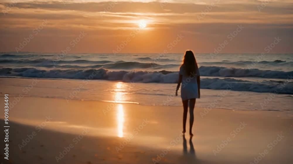 woman walking on the beach at sunset woman walking on the beach at sunset