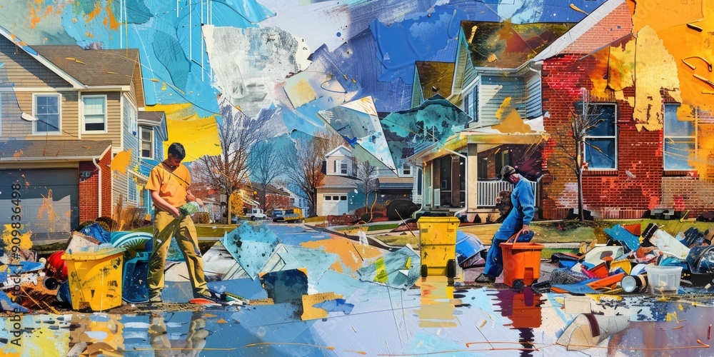 Fototapeta premium Abstract collage of houses, people, and garbage.