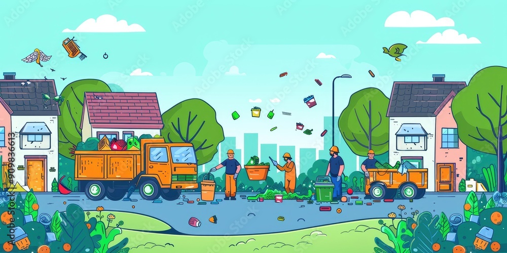 Fototapeta premium Garbage truck collects trash on street.