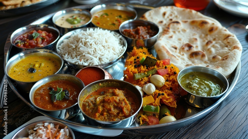An assortment of vibrant dishes served on a thali showcases Indian cuisine beautifully at lunchtime An assortment of vibrant dishes served on a thali showcases Indian cuisine beautifully at lunchtime