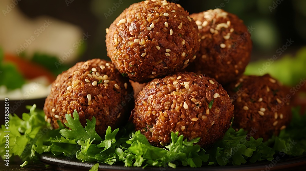 Fried Falafel Balls with Sesame Seeds on a Bed of Parsley Fried Falafel Balls with Sesame Seeds on a Bed of Parsley