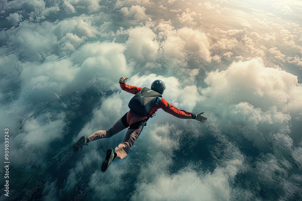 A skydiver in a red suit freefalls through fluffy clouds during sunrise, creating a breathtaking aerial adventure scene. A skydiver in a red suit freefalls through fluffy clouds during sunrise, creating a breathtaking aerial adventure scene.