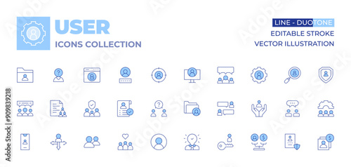 User icons collection. Line Duotone style, editable stroke. user, approved, profile, data, team meeting, communications, idea, friends, happy client, equality, family, humanitarian