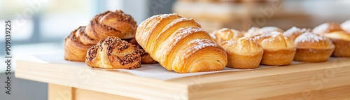 Delicious assortment of freshly baked pastries on a wooden table, perfect for breakfast or dessert.