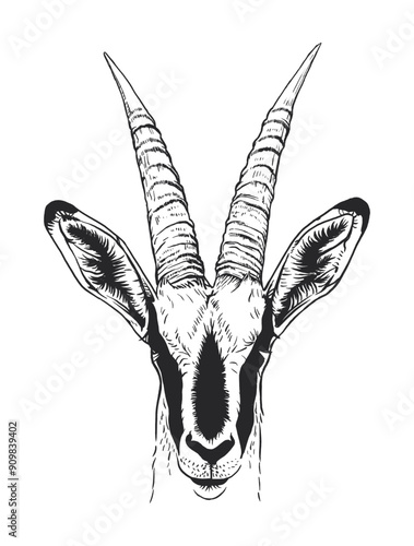 A detailed black and white sketch of a Springbok's head, facing forward