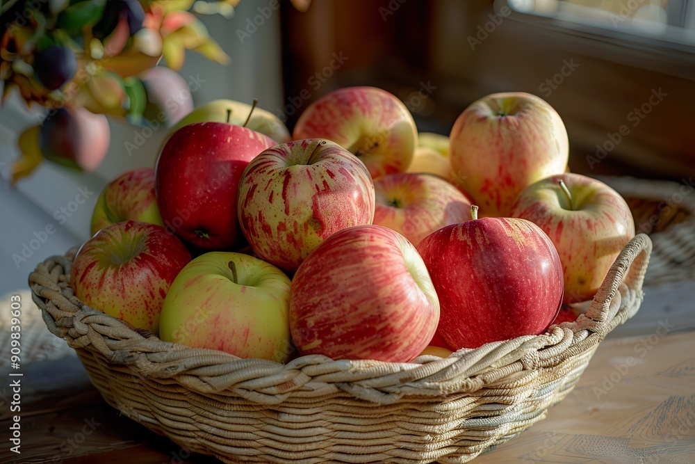 A basket filled with fresh, colorful apples placed near a window, capturing the natural sunlight in a cozy setting. A basket filled with fresh, colorful apples placed near a window, capturing the natural sunlight in a cozy setting.