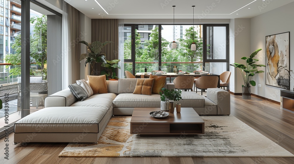 Modern Living Room With Natural Light and Cozy Decor in Urban Apartment Setting Modern Living Room With Natural Light and Cozy Decor in Urban Apartment Setting