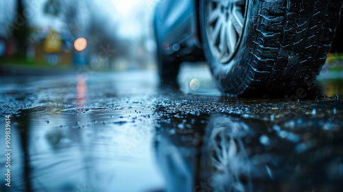 Close-up of a car tire tread on a wet street, capturing the reflections and details photo