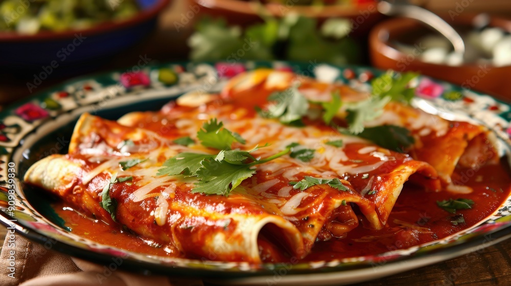 A vibrant plate of enchiladas topped with cheese and fresh cilantro, surrounded by a rustic dining atmosphere full of authentic Mexican flavors A vibrant plate of enchiladas topped with cheese and fresh cilantro, surrounded by a rustic dining atmosphere full of authentic Mexican flavors