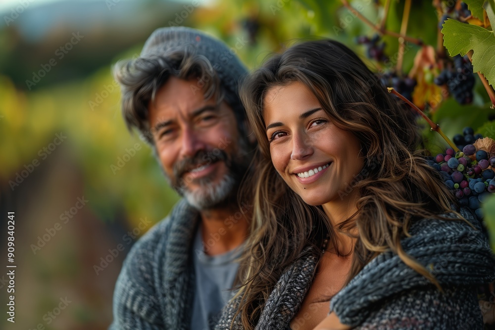 Smiling Couple Enjoying a Cozy Day Among Grape Vines During Harvest Season Smiling Couple Enjoying a Cozy Day Among Grape Vines During Harvest Season