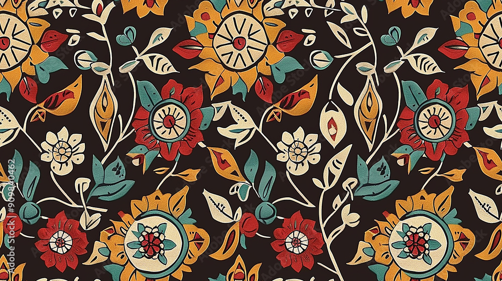 Naklejka premium Seamless Vintage Floral Pattern with Peach Flowers and Blue Leaves on Cream Background