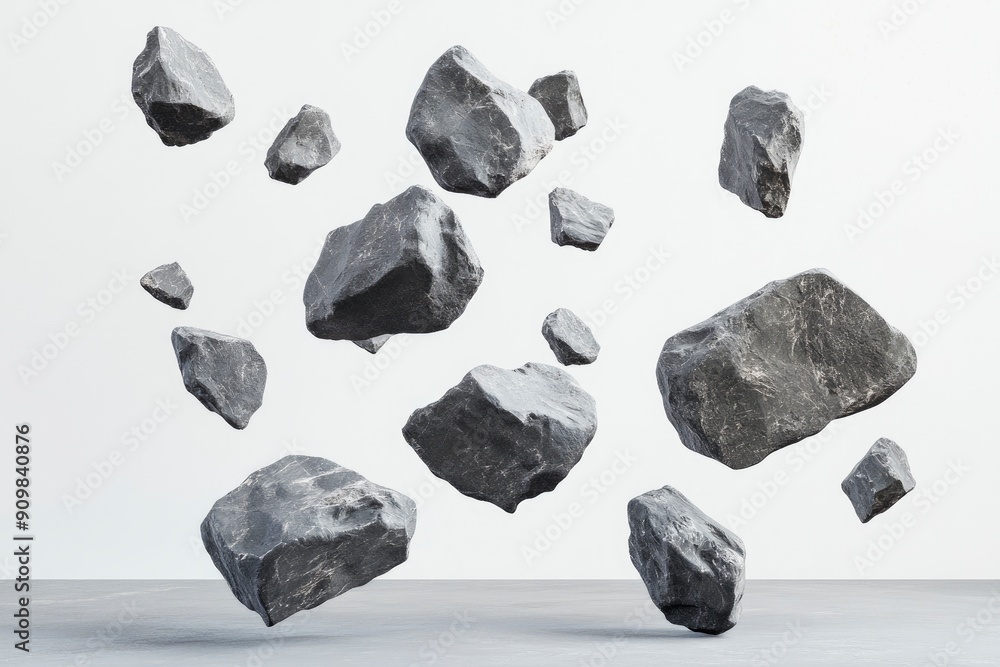 Gray rocks falling through the air, cut out , ai Gray rocks falling through the air, cut out , ai