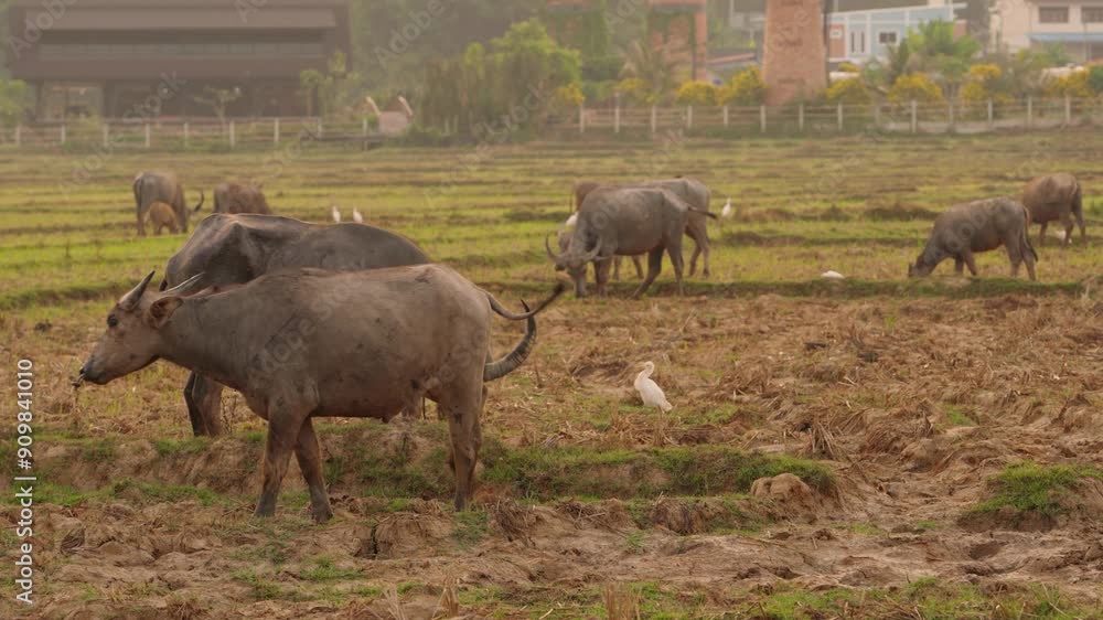 Group of Thai Buffalos Walking Through Rice Fields During Sunrise, Thailand, Koh Yao Noi Island, Asia Group of Thai Buffalos Walking Through Rice Fields During Sunrise, Thailand, Koh Yao Noi Island, Asia