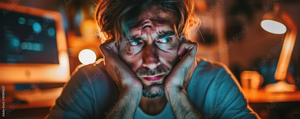 Frustrated Man Staring at Computer Screen, Feeling Overwhelmed by Technology, Digital Stress and Exhaustion, Man Struggling with PC Issues, Tech Problems, Online Frustration, Stressed Out From Work Frustrated Man Staring at Computer Screen, Feeling Overwhelmed by Technology, Digital Stress and Exhaustion, Man Struggling with PC Issues, Tech Problems, Online Frustration, Stressed Out From Work
