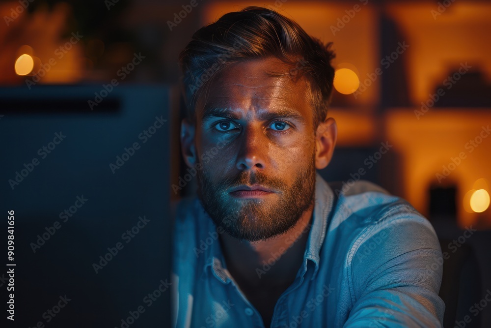 Frustrated Worker Staring at Computer Screen, Upset by Technical Issues, Digital Frustration, Work Stress, IT Problems, Computer Glitch, Technical Difficulty, Online Troubleshooting, Technology Frustrated Worker Staring at Computer Screen, Upset by Technical Issues, Digital Frustration, Work Stress, IT Problems, Computer Glitch, Technical Difficulty, Online Troubleshooting, Technology