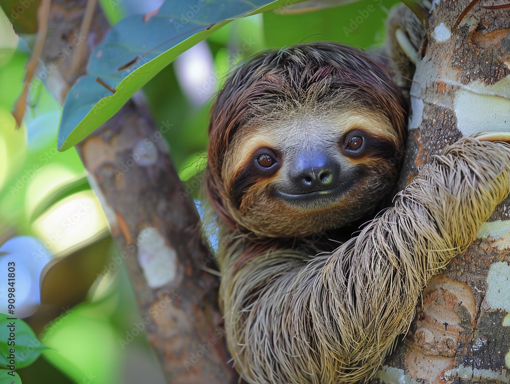 Adorable Sloth Clinging to Tree Branch Surrounded by Lush Green Foliage in Tropical Habitat Adorable Sloth Clinging to Tree Branch Surrounded by Lush Green Foliage in Tropical Habitat