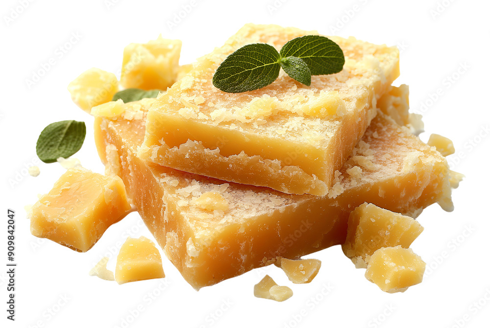 Parmesan cheese pieces with basil leaves isolated on white background. transparent PNG Parmesan cheese pieces with basil leaves isolated on white background. transparent PNG