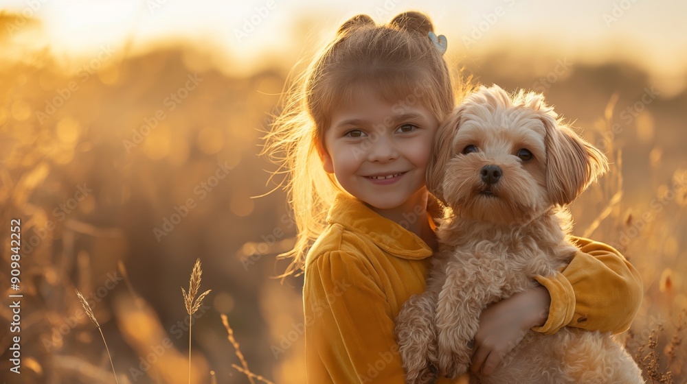 Φωτογραφία A tender moment as a young girl gently hugs her small dog, bathed in the golden light of sunset