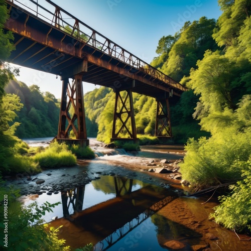 Rusted metal bridge over river in disrepair with weathered pilla photo