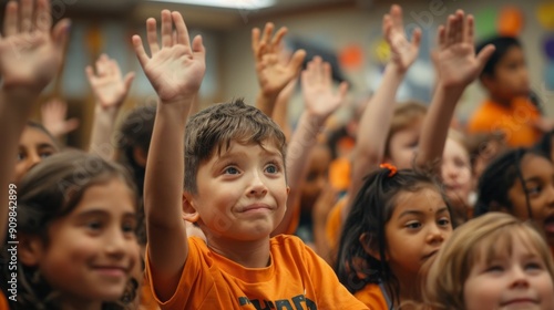 Kids excitedly putting their hands up to provide answers in class.