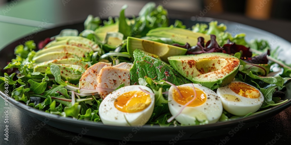 Replica green salad featuring lettuce avocado eggs and chicken Restaurant showcases lifelike plastic versions of fresh ingredients creating an enticing visual preview of the upcoming culina Replica green salad featuring lettuce avocado eggs and chicken Restaurant showcases lifelike plastic versions of fresh ingredients creating an enticing visual preview of the upcoming culina
