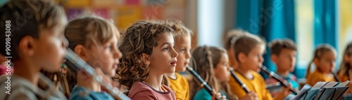 Group of children in a music class playing various instruments