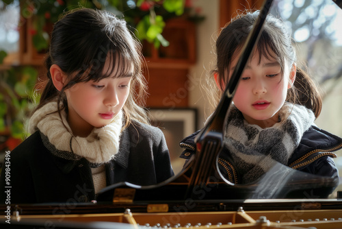 Asian children playing piano