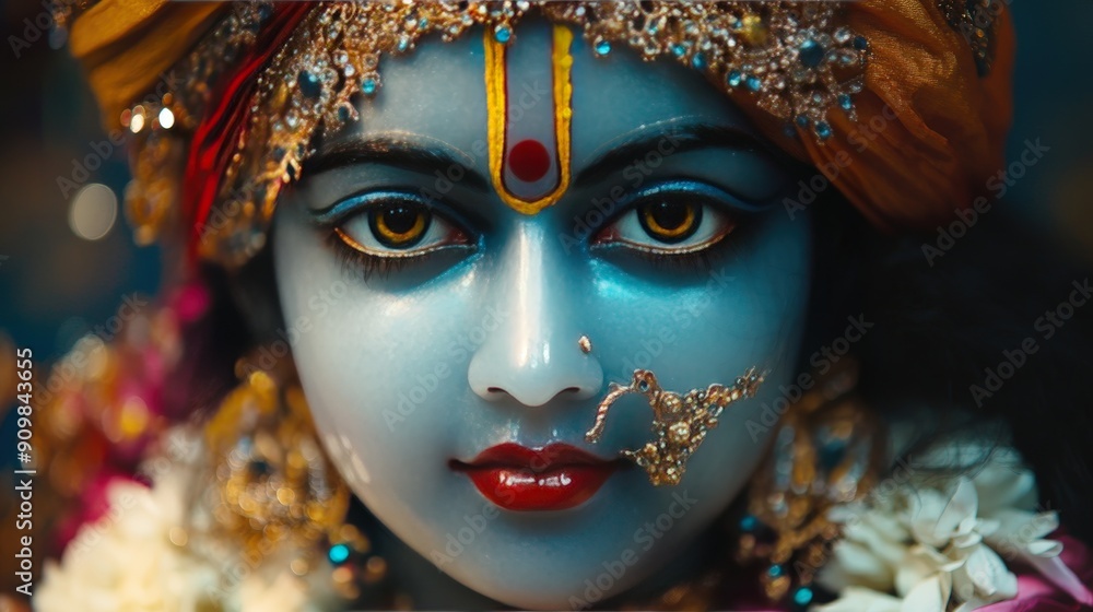 A stunning portrait of Lord Krishna, emphasizing his traditional attire and serene expression. A stunning portrait of Lord Krishna, emphasizing his traditional attire and serene expression.