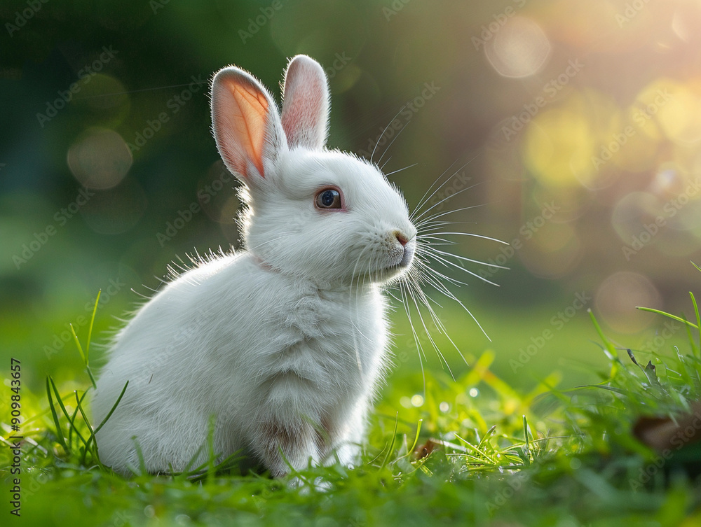 White Rabbit Sitting on Green Grass in a Sunny Garden During Afternoon White Rabbit Sitting on Green Grass in a Sunny Garden During Afternoon
