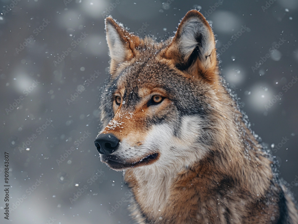 Majestic Wolf With Snowflakes on Fur Roaming Through a Winter Forest Landscape Majestic Wolf With Snowflakes on Fur Roaming Through a Winter Forest Landscape