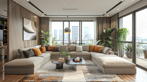 Modern Living Room Interior Design With Large Sofa and City View