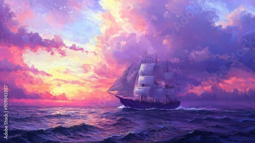 The ocean scene is transformed into a vibrant canvas as a ship sails under a sky painted in shades of purple and pink.